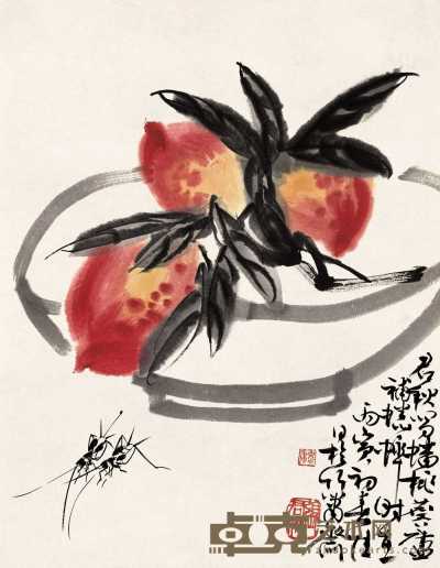 许麐庐 张君秋 丙寅（1986）年作 寿桃蟋蟀 镜心 44×33cm